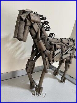 Vintage Reclaimed Driftwood Horse Wood Modern Art Sculpture Metal Mane