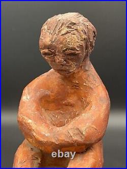 Vintage Red Clay Man on Wood Pedestal Handmade Small Art Sculpture