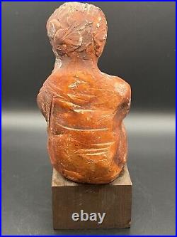 Vintage Red Clay Man on Wood Pedestal Handmade Small Art Sculpture