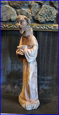 Vintage Rustic Handcarved Wooden Saint Francis Sculpture Statue 30 Tall