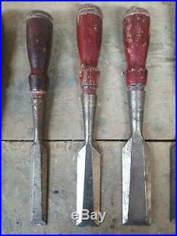 Vintage STANLEY NO. 750 set of 8 Bevel Edge Socket Chisels old wood carving tools