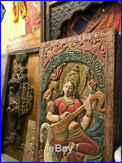 Vintage Saraswati Veena Wood Carvings Barn Door Panel Hindu Goddess Sculpture 72