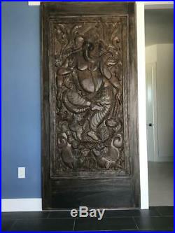 Vintage Saraswati Veena Wood Carvings Barn Door Panel Hindu Goddess Sculpture 72