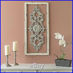 Vintage Scroll Panel Wall Art Sculpture Hanging White Gray Distressed Metal Wood
