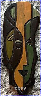 Vintage Sculptural Abstract Heads Carved Wood Wall Art MCM Modern Mid Century