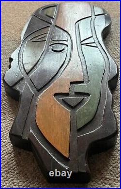 Vintage Sculptural Abstract Heads Carved Wood Wall Art MCM Modern Mid Century