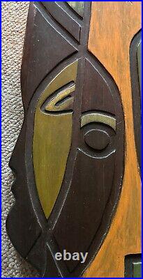 Vintage Sculptural Abstract Heads Carved Wood Wall Art MCM Modern Mid Century