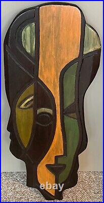 Vintage Sculptural Abstract Heads Carved Wood Wall Art MCM Modern Mid Century