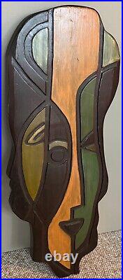 Vintage Sculptural Abstract Heads Carved Wood Wall Art MCM Modern Mid Century