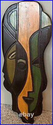 Vintage Sculptural Abstract Heads Carved Wood Wall Art MCM Modern Mid Century