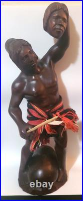 Vintage Sculpture Hand Carved Wooded Headhunter Tribal Warrior Statue 23 Tall