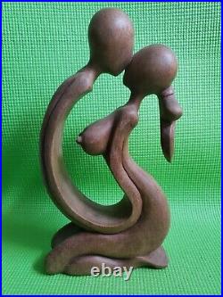 Vintage Sculpture Love Couple Kissing H 12 One Solid Piece Wood Handcrafted