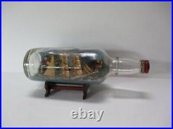 Vintage Sculpture Ship In A Bottle With Painting Hand Made Coastal Landscape Old