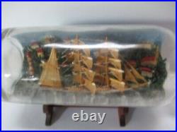 Vintage Sculpture Ship In A Bottle With Painting Hand Made Coastal Landscape Old
