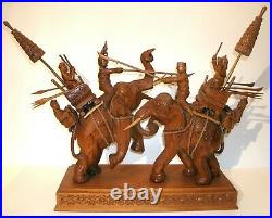 Vintage Siamese Thai War Elephants Carved Wood Sculpture