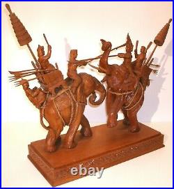 Vintage Siamese Thai War Elephants Carved Wood Sculpture