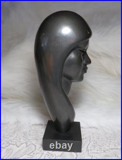 Vintage Signed Arias Black Ethnic Carved Wood Sculpture Bust Head 8 3/8 Tall