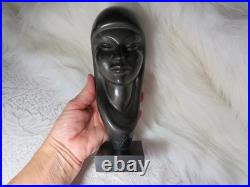 Vintage Signed Arias Black Ethnic Carved Wood Sculpture Bust Head 8 3/8 Tall