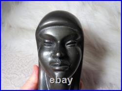 Vintage Signed Arias Black Ethnic Carved Wood Sculpture Bust Head 8 3/8 Tall