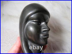 Vintage Signed Arias Black Ethnic Carved Wood Sculpture Bust Head 8 3/8 Tall