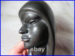 Vintage Signed Arias Black Ethnic Carved Wood Sculpture Bust Head 8 3/8 Tall