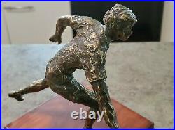Vintage Signed Artist CURTIS JERE Bronze Tennis Sculpture Figurine Wood Base 10