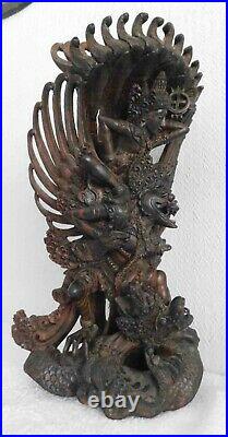 Vintage Signed Bali Wood Carving Vishnu Riding Garuda Naga Pita Maha Art Society