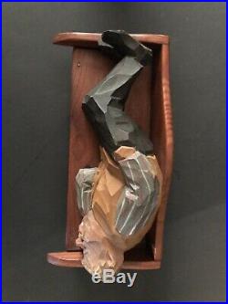 Vintage Signed GUNNARSSON Wood Flat Plane Carving- Man Sleeping on Bench/8 wide
