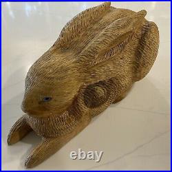 Vintage Signed Lying Rabbit Carved Wood Folk Art Sculpture See Description