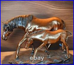 Vintage Solid Copper Or Bronze Horse Art Sculpture Mare & Foul Figure Wood Base