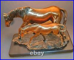 Vintage Solid Copper Or Bronze Horse Art Sculpture Mare & Foul Figure Wood Base