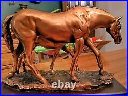 Vintage Solid Copper Or Bronze Horse Art Sculpture Mare & Foul Figure Wood Base