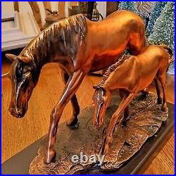 Vintage Solid Copper Or Bronze Horse Art Sculpture Mare & Foul Figure Wood Base