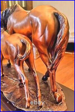 Vintage Solid Copper Or Bronze Horse Art Sculpture Mare & Foul Figure Wood Base