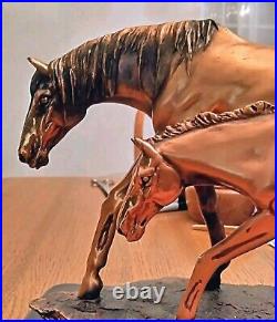 Vintage Solid Copper Or Bronze Horse Art Sculpture Mare & Foul Figure Wood Base