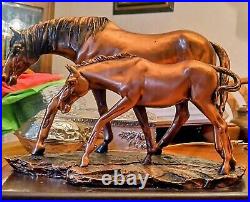 Vintage Solid Copper Or Bronze Horse Art Sculpture Mare & Foul Figure Wood Base