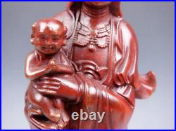 Vintage Solid Rosewood Highly Detailed Hand Carved Kwan-Yin Buddha Holding Baby