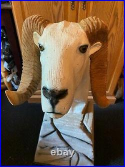 Vintage Solid Wood Big Horn Dall Sheep Ram Chainsaw Carving Sculpture