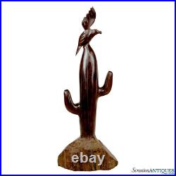Vintage Southwestern Carved Wood Bird & Cactus Sculpture