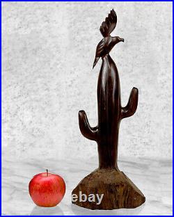 Vintage Southwestern Carved Wood Bird & Cactus Sculpture