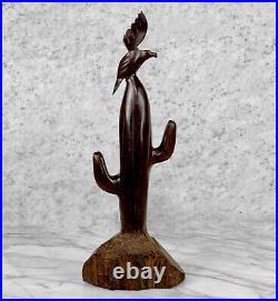 Vintage Southwestern Carved Wood Bird & Cactus Sculpture