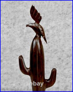Vintage Southwestern Carved Wood Bird & Cactus Sculpture