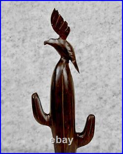 Vintage Southwestern Carved Wood Bird & Cactus Sculpture