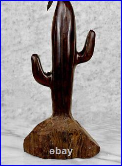 Vintage Southwestern Carved Wood Bird & Cactus Sculpture