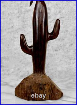 Vintage Southwestern Carved Wood Bird & Cactus Sculpture
