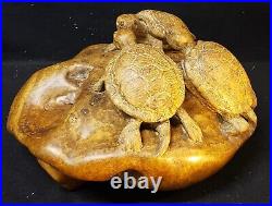 Vintage Stephen Hudson Hand Carved & Polish Wooden Sculpture 3 Turtles Of Burl