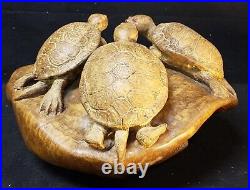 Vintage Stephen Hudson Hand Carved & Polish Wooden Sculpture 3 Turtles Of Burl