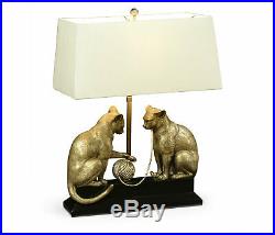 Vintage Style Mid Century Modern Cat & Yarn Brass/Wood Sculpture Lamp 27''H