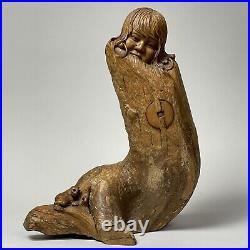 Vintage Surrealist Folk Art Hand Carved Wood Figurative Sculpture with Frog
