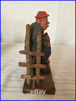 Vintage Swedish Wood Carving Hunter on Fence by Gunnarsson- TRYGG style